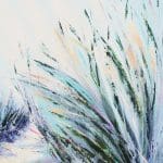 Close up detail of large coastal oil painting on canvas. Sand dunes and marram grasses leading to the sea with evening sunlight coming through. Blue, aqua and sandy colours and textures.
