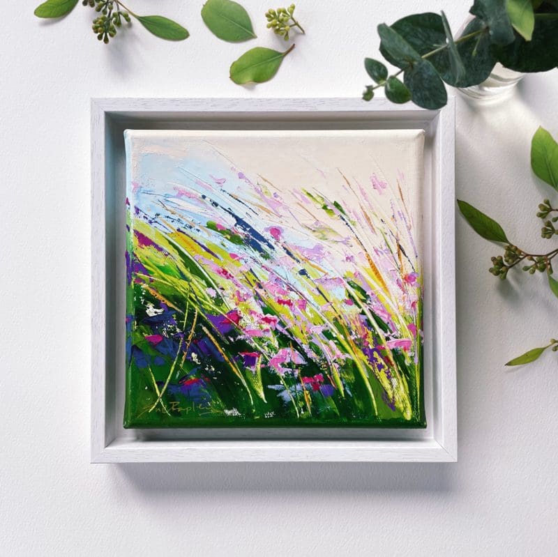 This Soulful Moment framed oil painting Floral oil painting on canvas, set in white wood frame, wild meadow flowers, pinks and greens, swaying in the summer breeze