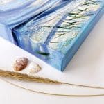A Spiritual Freedom - Close up detail of deep-edged canvas. Coastal view. Sweep of the beach and tidal patterns along the shoreline, looking out to sea. Dramatic early evening sky
